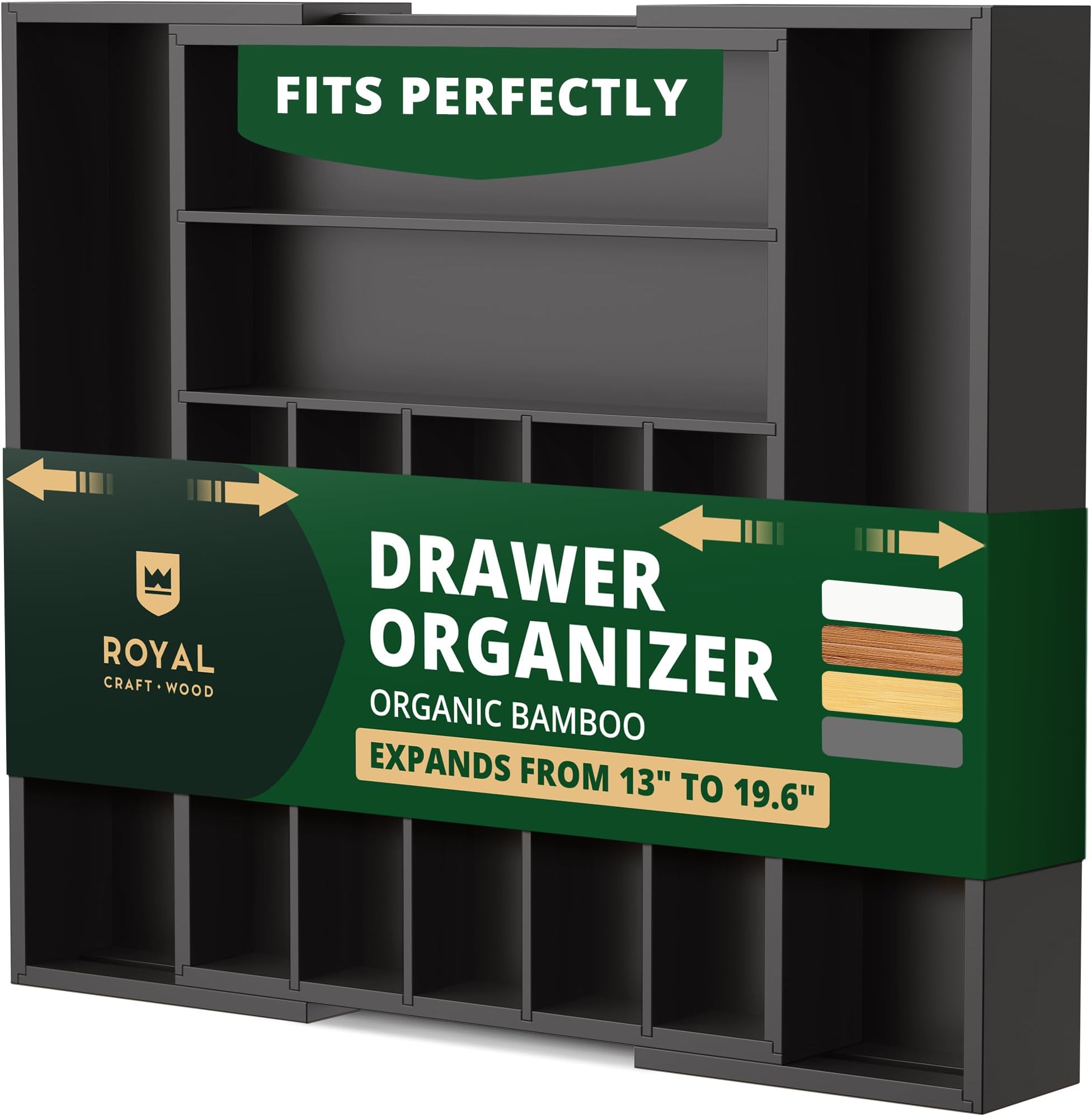 ROYAL CRAFT WOOD Luxury Bamboo Kitchen Drawer Organizer - Silverware Organizer - Utensil Holder and Cutlery Tray with Grooved Drawer Dividers for Flatware and Kitchen Utensils (Black)
