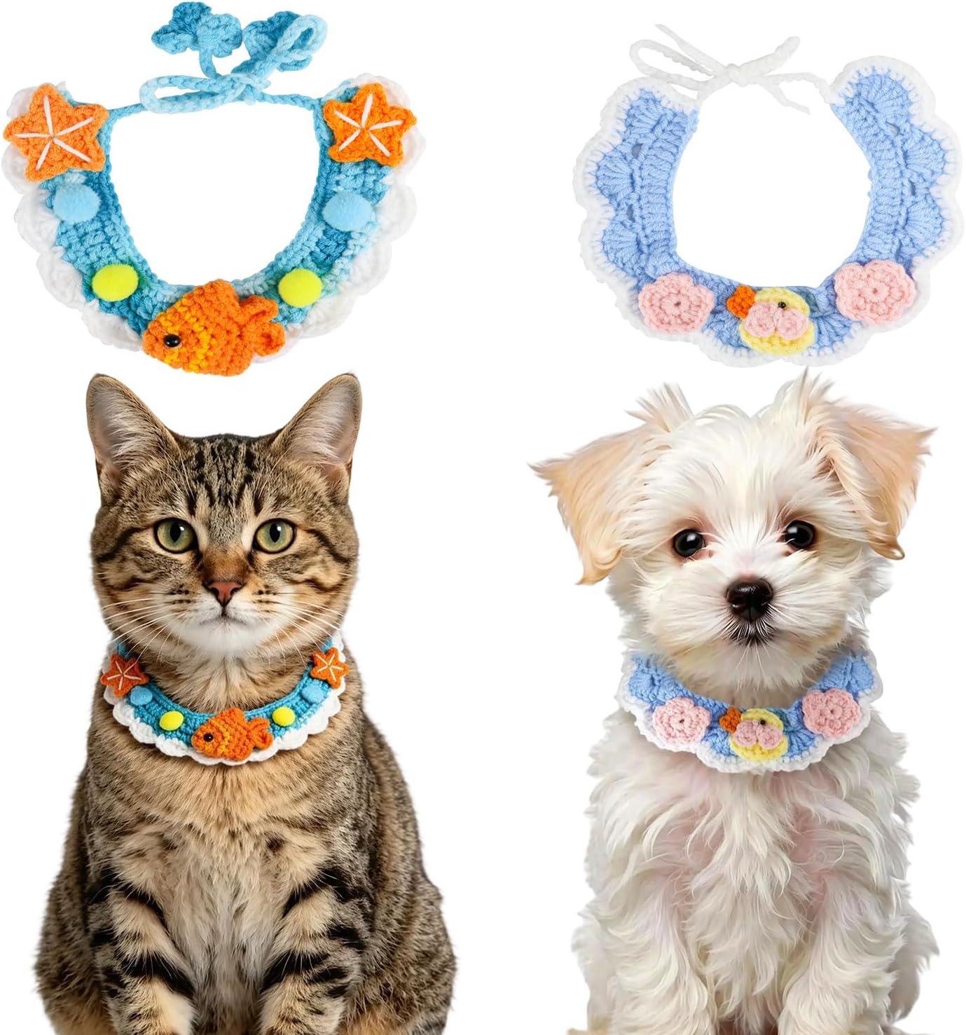 2PCS Cat Collar Breakaway, Adjustable Knit Kitten Collar with Cute Pattern for Kittens and Cats Daily Dress up (Sky Blue + Light Blue)