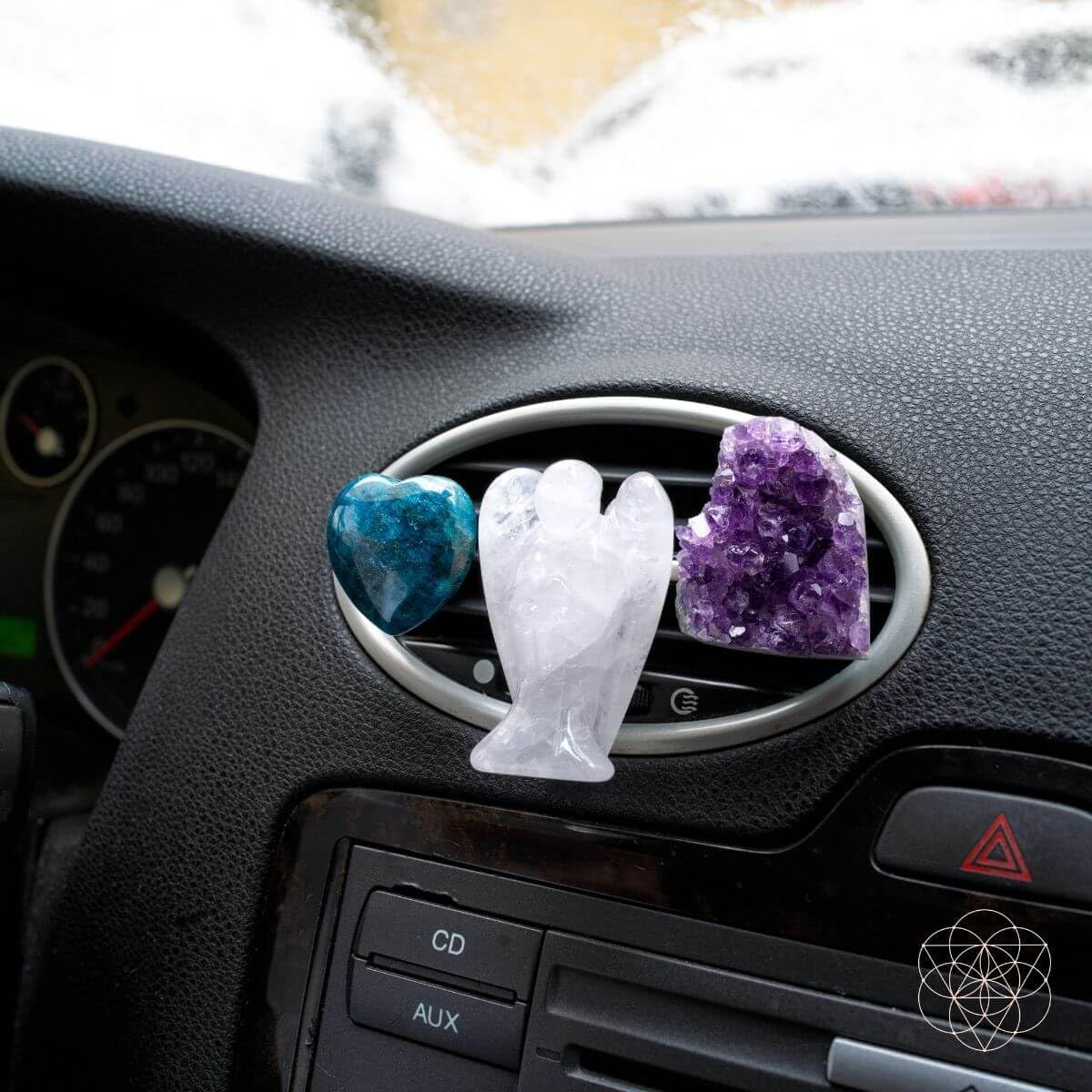 Conscious Items Car Charm Guardian Angel Crystal Kit with Clear Quartz Angel, Real Amethyst Cluster & Apatite Heart, Protective Crystal Car Vent Clip for Driving Calm, Positive Energy, Road Confidence
