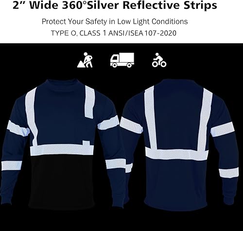 Miniatura 6 de VENDACE Camisetas de seguridad reflectantes de alta visibilidad con manga larga ANSI Clase 3 Hi Vis para trabajo en construcción, camisetas