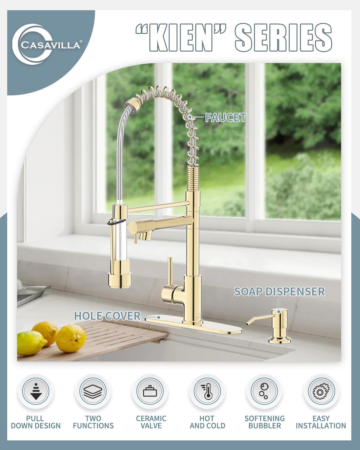 Gold Kitchen Faucet, Kitchen Faucet with Soap Dispenser, Kitchen Sink Faucet with Dual Function Spray Head and Deck Plate, 4 Hole Camper Farmhouse RV Sink Faucet with Sprayer