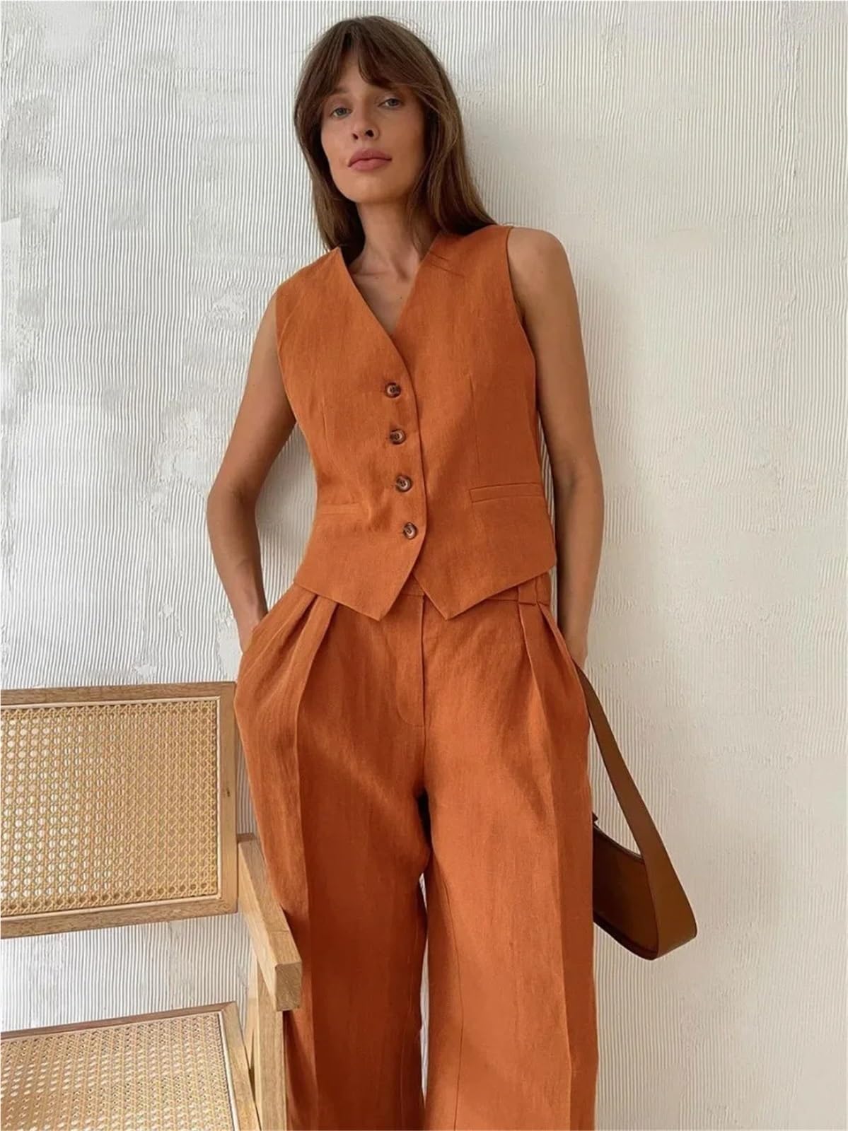 Completo Estiva Donna Completo da donna in lino e cotone, elegante, con gilet pantaloni, due pezzi, estivo, ufficio Per viaggiare