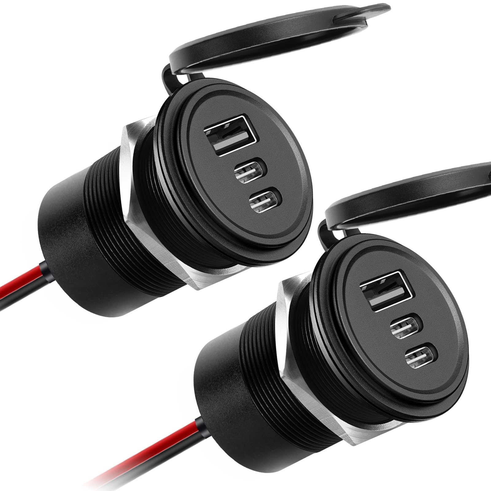 Alluminio Presa USB 12V Camper Auto 3 Porta, Tipo C PD3.0 & USB-A QC3.0 Caricatore Carica Rapida, Impermeabile per Roulotte Barca Camion (2 Pcs)