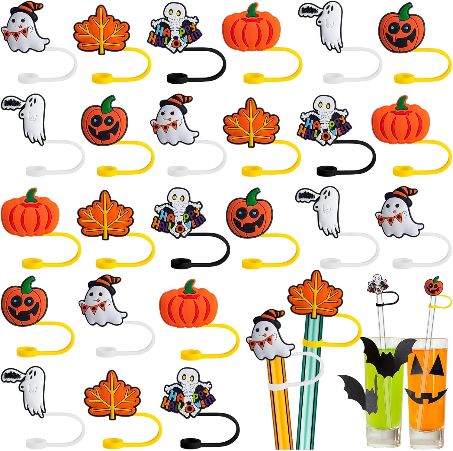 24 PCS Halloween Straw Toppers, Halloween Straw Cover Cap