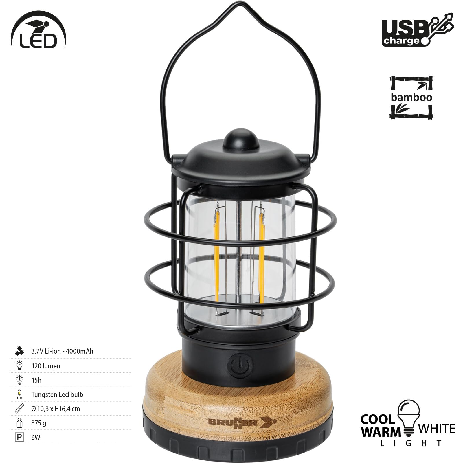 Brunner Camping Lampe Lamparina Outdoor Hänge Laterne Akku USB Aufladbar LED