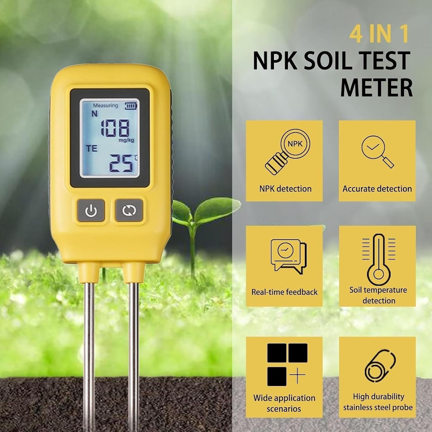 Analizador De Suelo 4 En 1, Analizador De Suelo De Doble Sonda, con Pantalla LCD, Medición De Nitrógeno, Fósforo, Potasio Y Temperatura, para Nutrientes De Jardín, Césped Y Cuidado De Plantas.