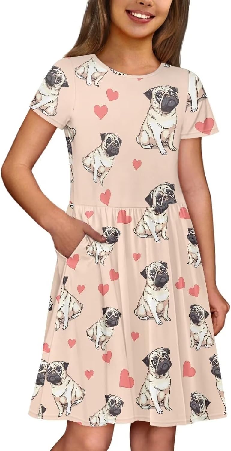 Kids Short Sleeve Dresses Casual Twirly Skater Dress with Pockets for Girls 3-14 Years Old