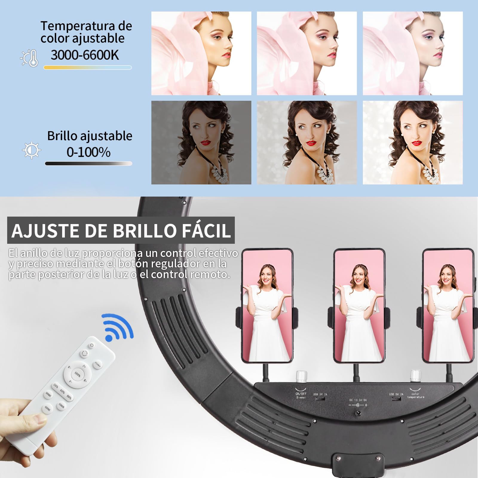 Soporte de pared con anillo de luz de 25 pulgadas con soporte para teléfono móvil, brazo triangular ajustable, soporte de luz de techo para estudio de iluminación fotográfica, transmisión