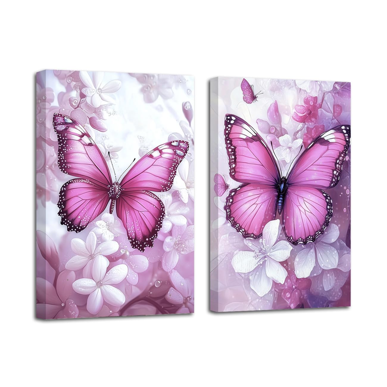 LZIMU Butterfly Wall Art Set of 2 Butterfly Pictures Wall Decor Rustic Floral Canvas Prints for Girls Bedroom Nursery Decor Framed (Pink, 12x16inchx2 Pieces)