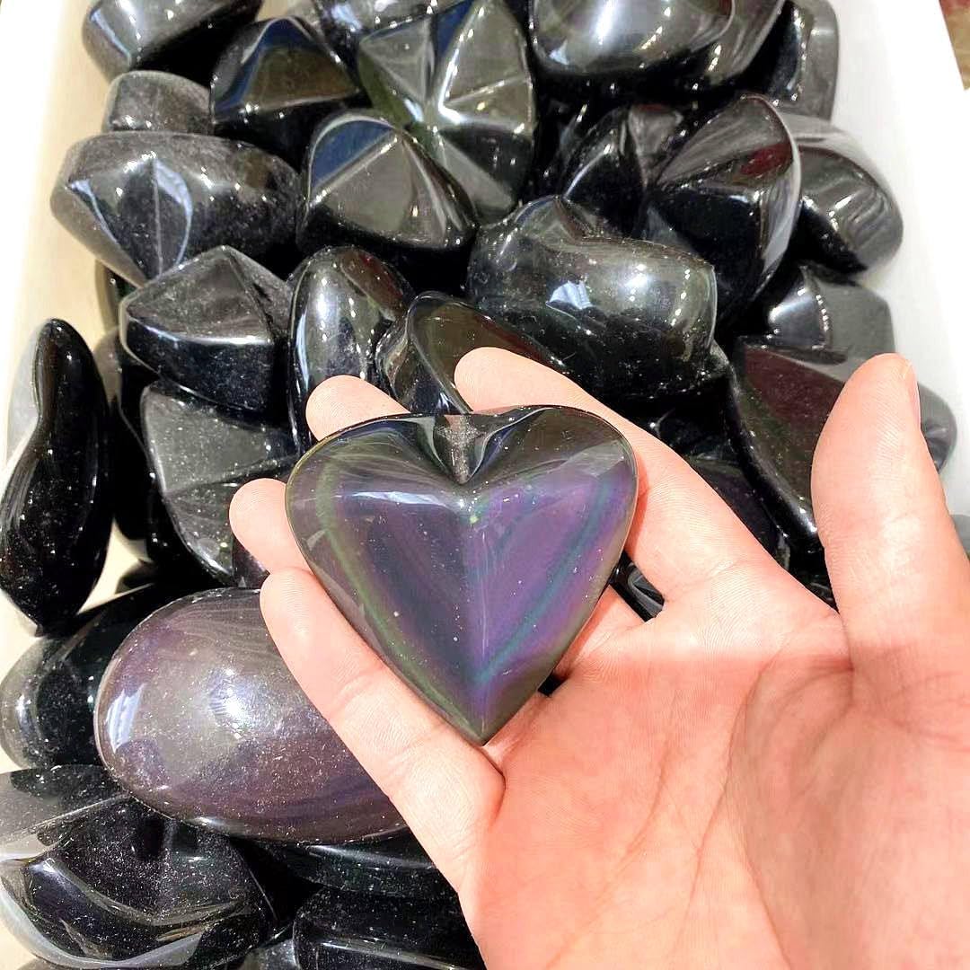 Wholesale Natural Polished Carved Crystal Heart Rainbow Black Obsidian Heart 1pc (100g-150g 1pc)