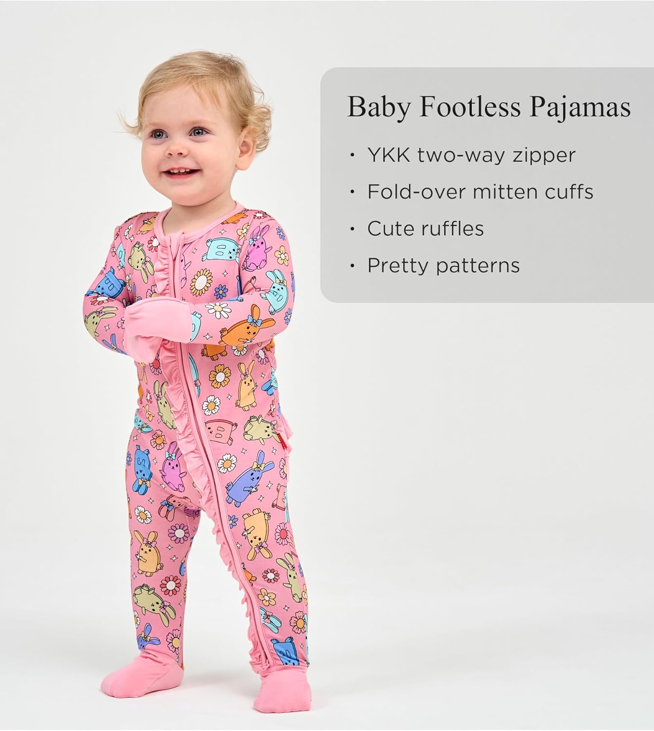 Bamboo Viscose Baby Girl Footless Pajamas Ruffled Baby Sleepers with 2 Way Zipper