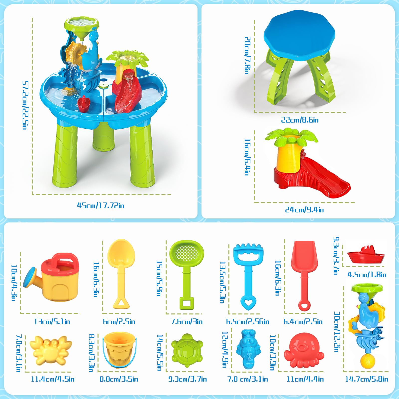 deAO Table de Sable et d'eau avec Chaise, Jeu Plein Air Enfant dès 3 Ans | Table d'Activités Sensorielle Enfant, Pour Jardin ou Plage, Inclus Bateau, Pelle, Râteau, Tamis, 1-3 Enfants, Garçons Filles