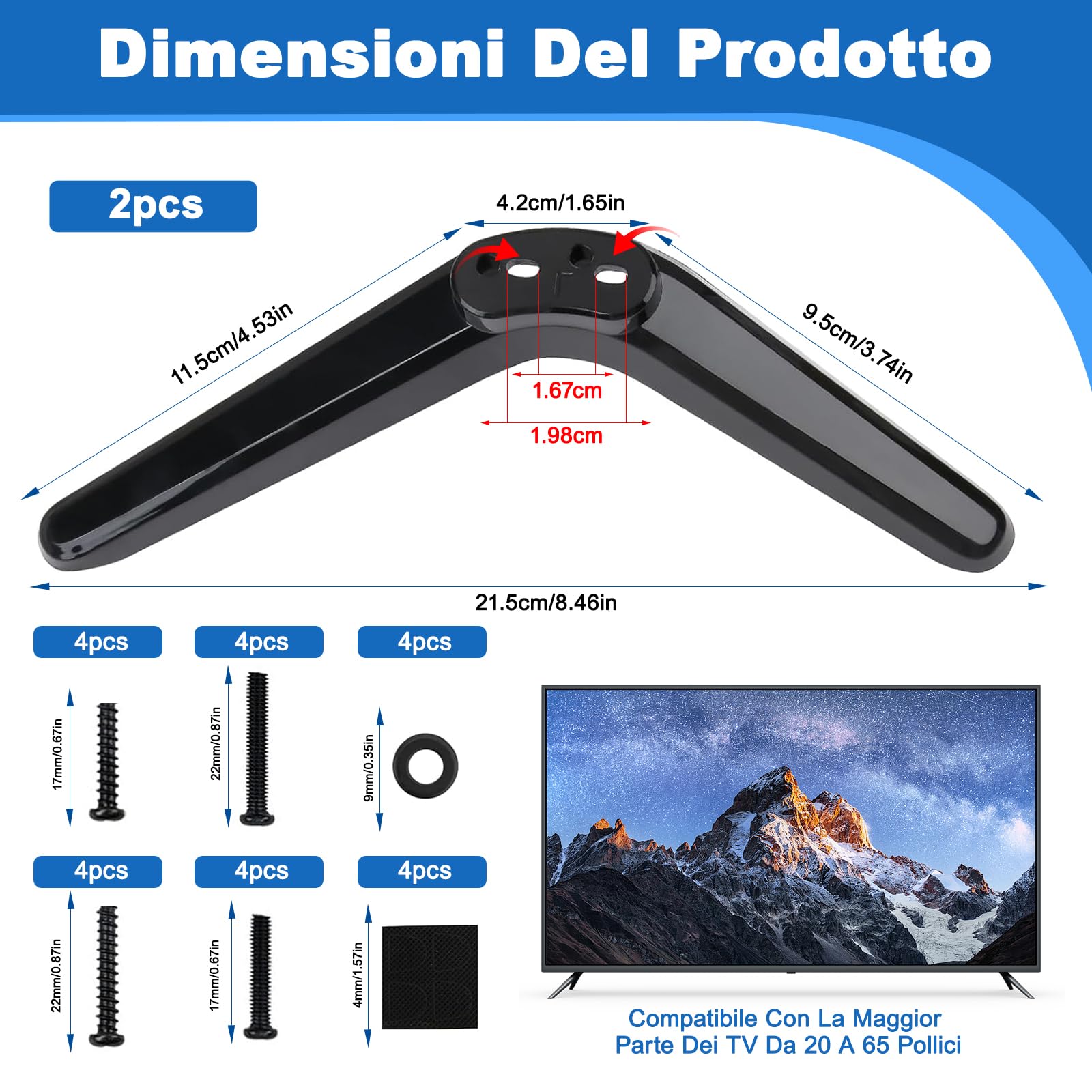 Piedini Supporto TV Universali Nero 20-65 Pollici Regolabile in Altezza ABS Base Antiscivolo 2 Pezzi