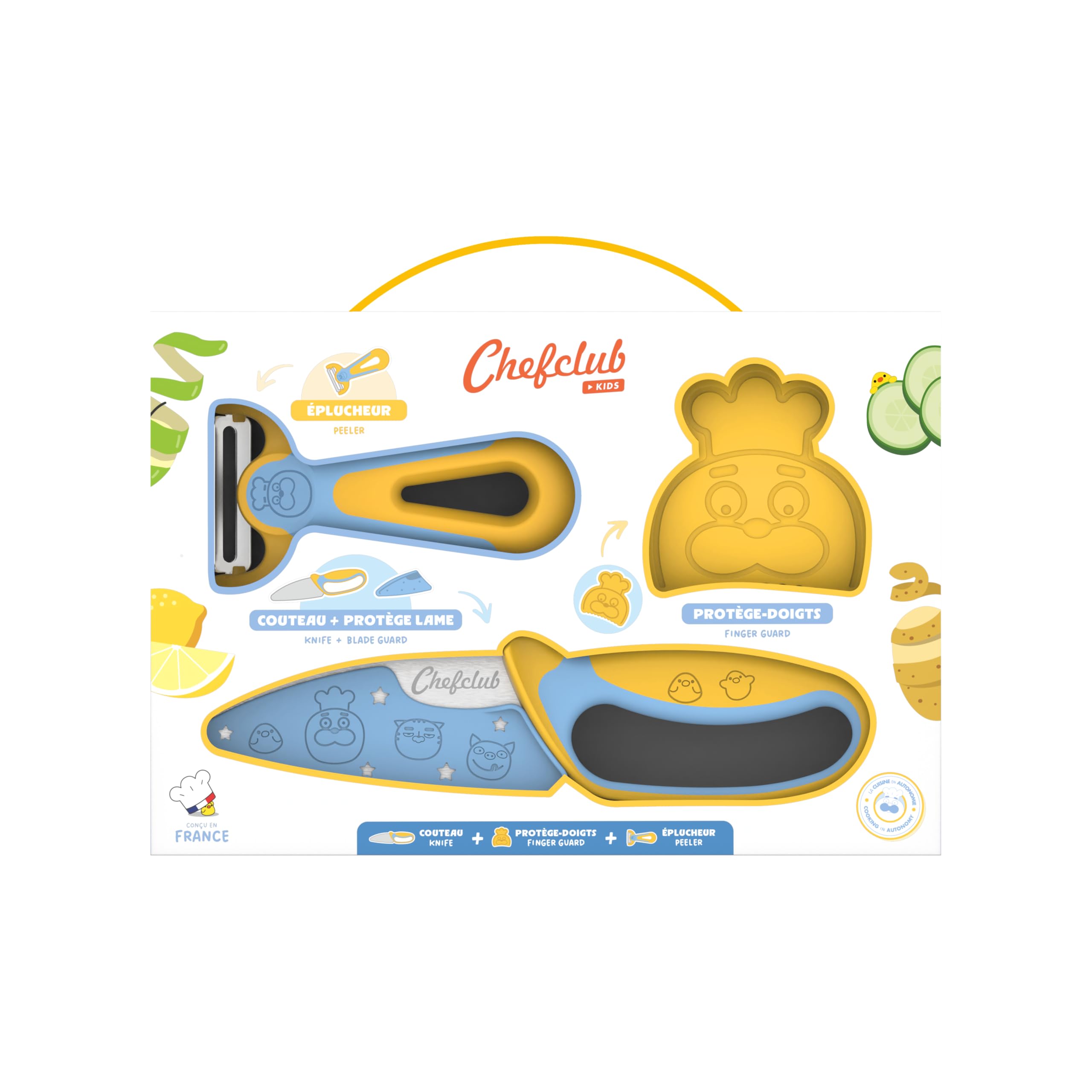 Chefclub Kids - Coffret Couteau de cuisine et économe legumes - Lame Inox à Bout Rond - Éplucheur Bi-​directionnel - Ustensiles de cuisine enfant - Kit cuisine enfant - Cadeau fille 4 ans