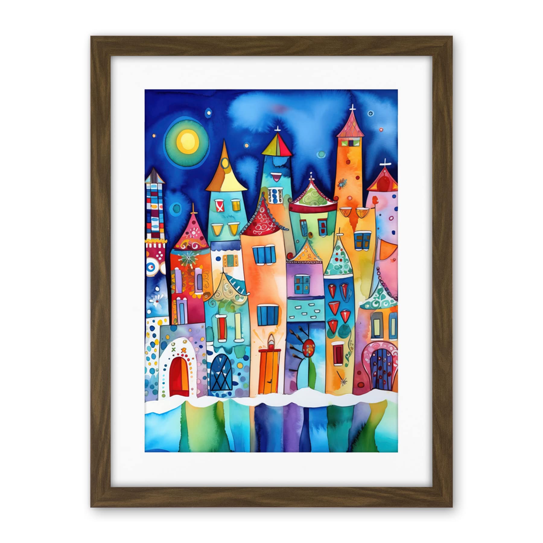 Artery8 Midnight Abstract Town Folk Art Artwork Framed Wall Art Print 18X24 Inch