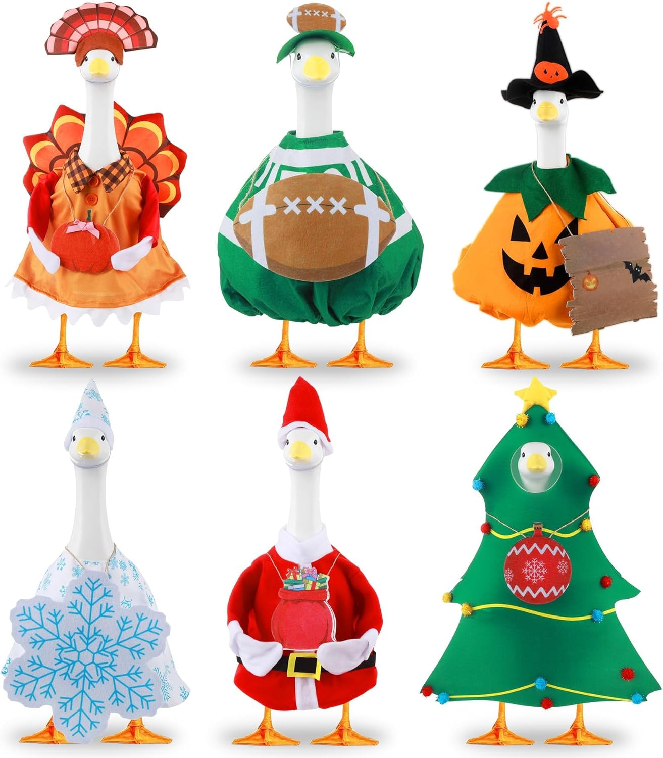 6 Set Seasonal Holiday Porch Goose Outfits Hanging Decor All Seasons Winter Christmas Football Goose Costume Fit for 23" Geese Statue Thanksgiving Halloween Outdoor Yard Garden Patio Lawn Art Decor