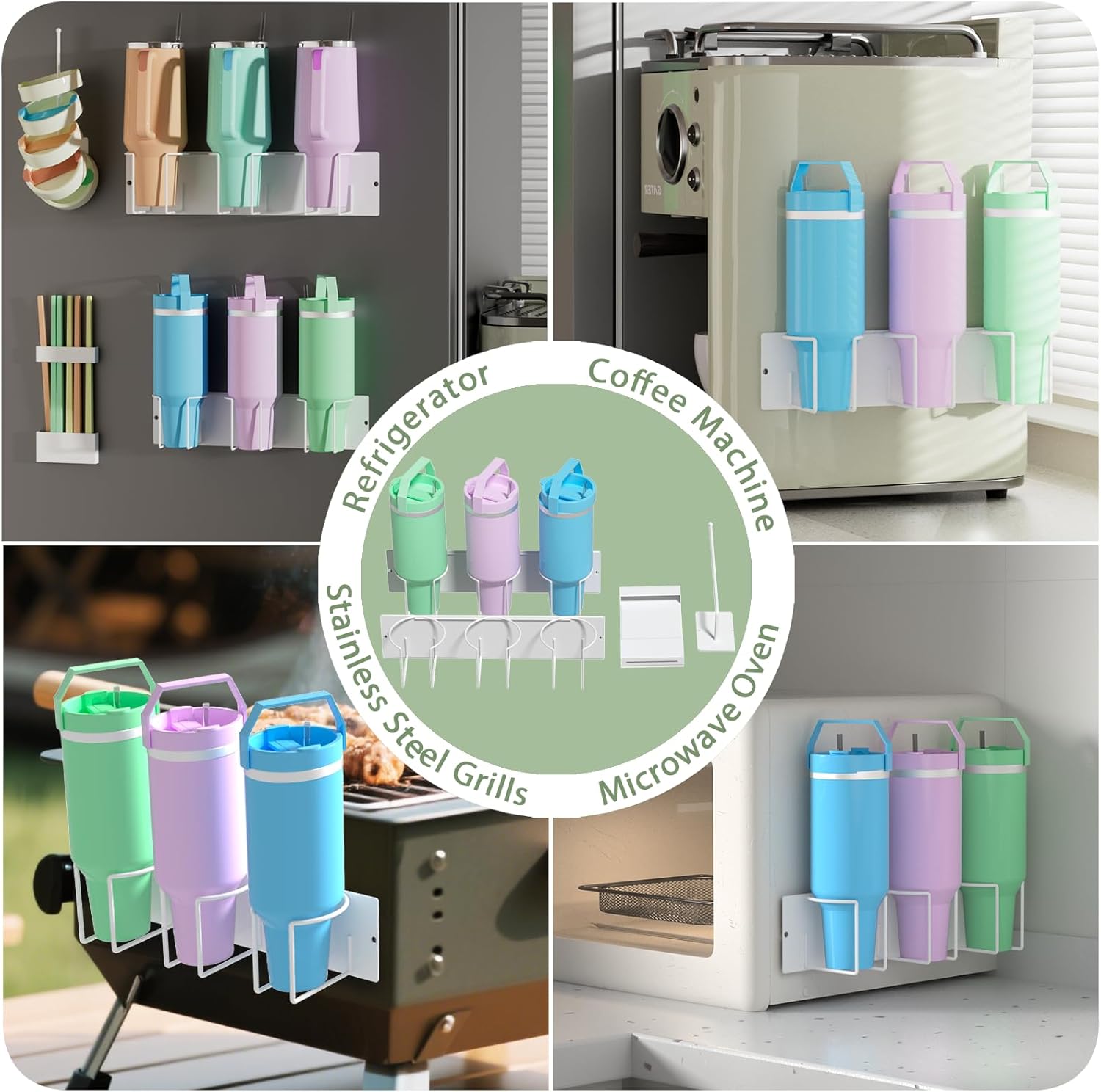 4 Pack Magnetic Cup Holder for Fridge - Water Bottle Organizer Fits Stanley 40/30 oz Cup, Tumbler Organizer Set with Tumbler Lid Holder & Straw Organizer, Cup Holder for Stanley Cup Accessories(White)