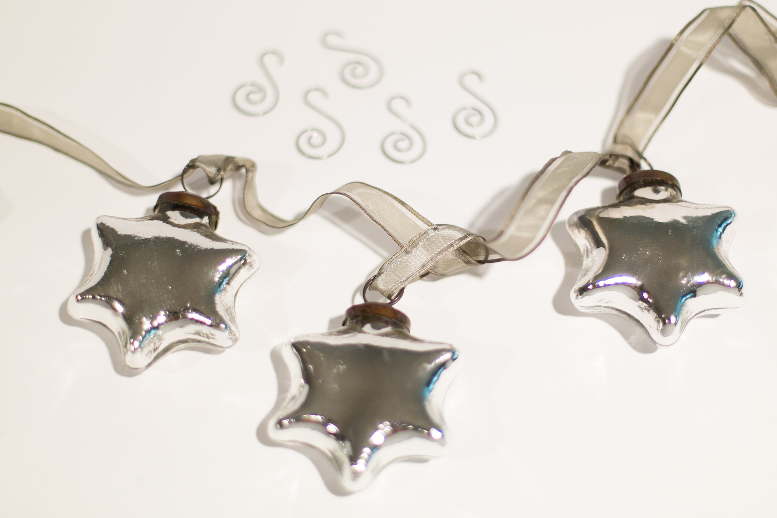 3 Silver Mercury Glass Star Christmas 3" Ornaments - Vintage Antique Look - Includes 5 Bonus Swirl Tree Hangers - Perfect Xmas or Hostess Gift