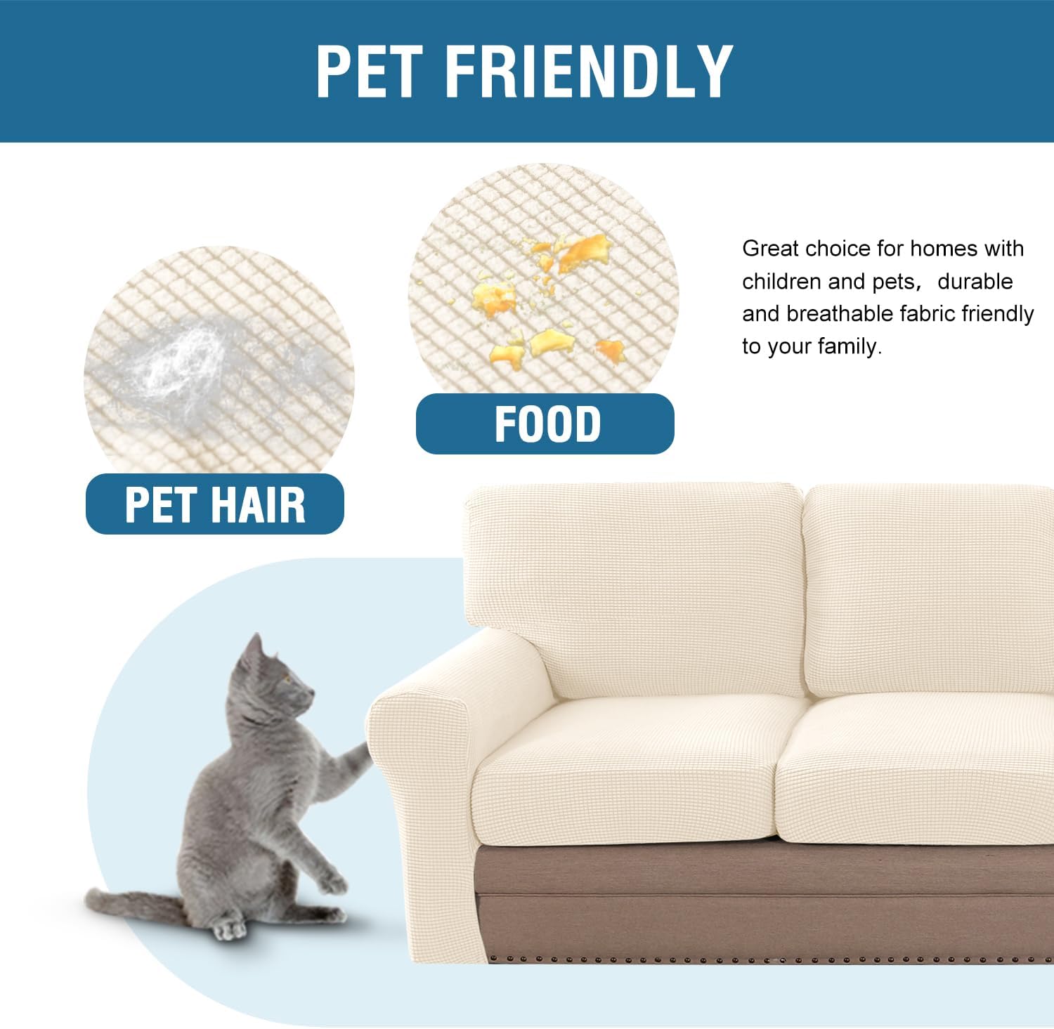 H.VERSAILTEX Multi-Pieces Sofa Covers Stretch Couch Covers Form Fitted Seats and Back Cushions Covers (3 Seat Covers Plus 3 Back Cusion Covers, Bonus 2 Armrest Covers), Cream