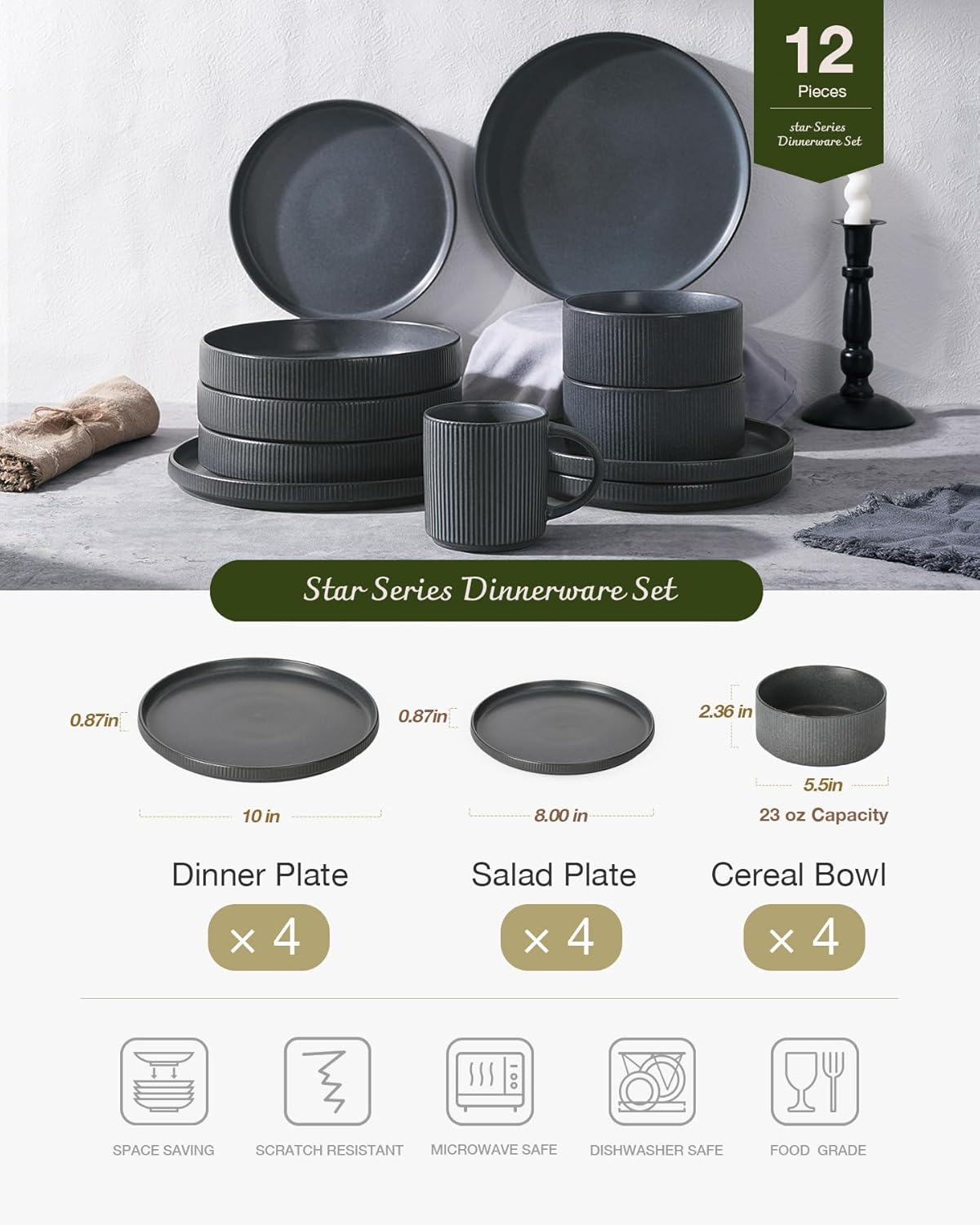 Famiware Star Dinnerware Sets, Plates and Bowls Set for 4, 12 Pieces Ribbed Dishes - Chip and Scratch Resistant, Microwave and Dishwasher Safe Tableware, Matte Dark Charcoal