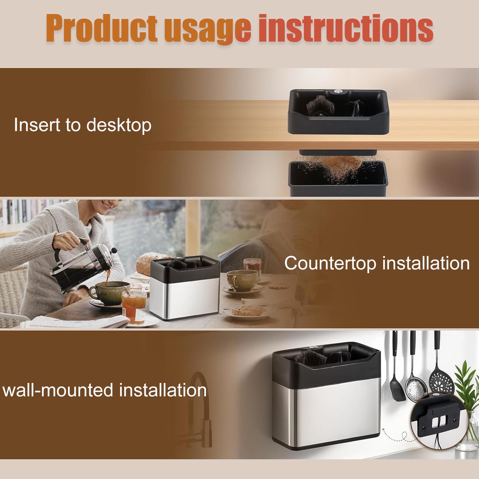 Limpiador de posos de café, limpiador de portafiltro espresso, acero inoxidable, compatible con caja de grifo automática de 58 mm, a prueba de residuos, fácil limpieza para posos de café