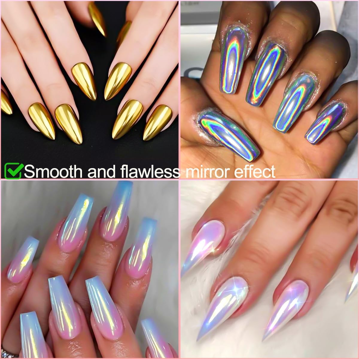 Holographic Mirror Gold Chrome Nail Powder for Gel Nails, Iridescent Aurora Mermaid Pigment Magic White Pearl Glitter Dust Kit for Women Girls DIY Manicure Decoration 4 Boxes