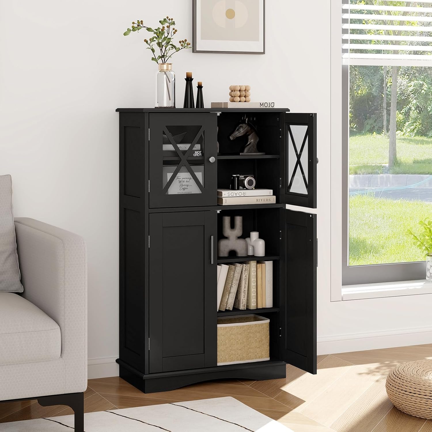 Black MDF Living Room Cabinet with Adjustable Shelving and Glass Doors