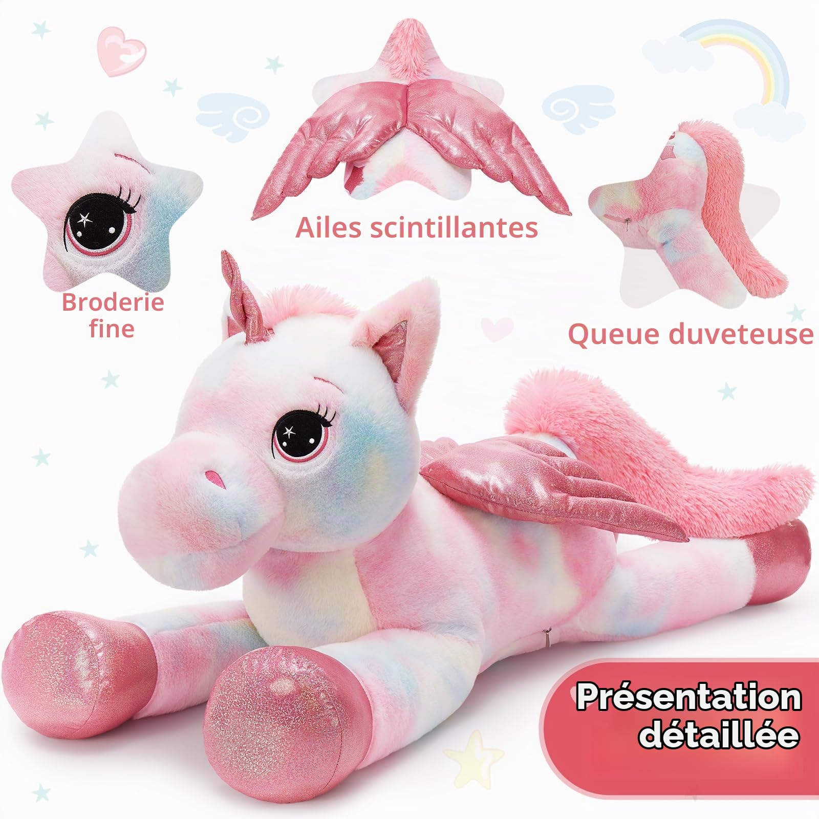 MorisMos 110cm Licorne Peluche Géante, XXL Arc-en-Ciel Rose Peluche Licorne Grande, Doux Peluche Licorne avec des Ailes Cadeau pour Enfant Petites Amies Anniversaire Noël