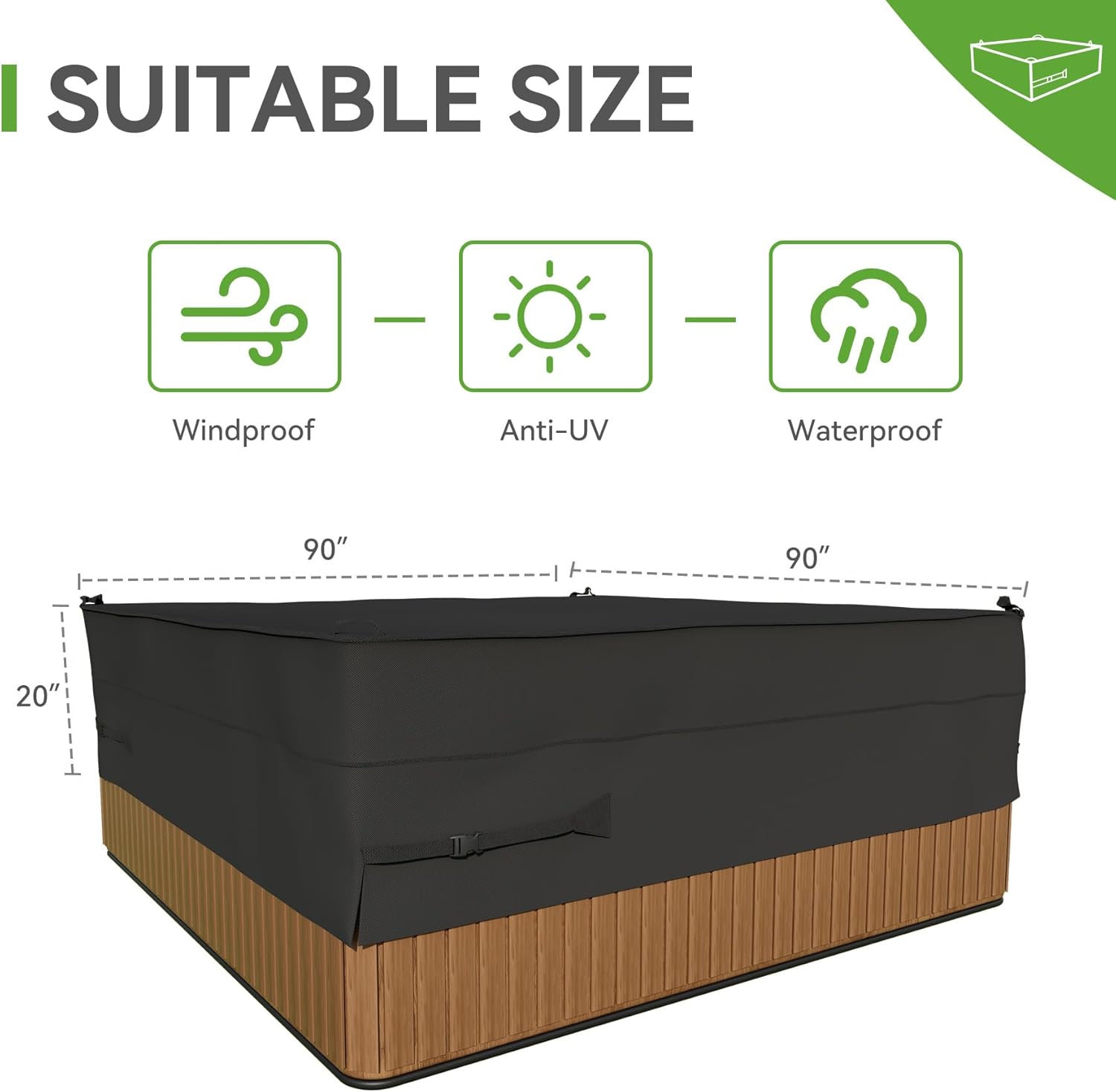 Waterproof Hot Tub Cover, 600D Heavy Duty Polyester Outdoor SPA Covers, Black, 90 x 90 inch