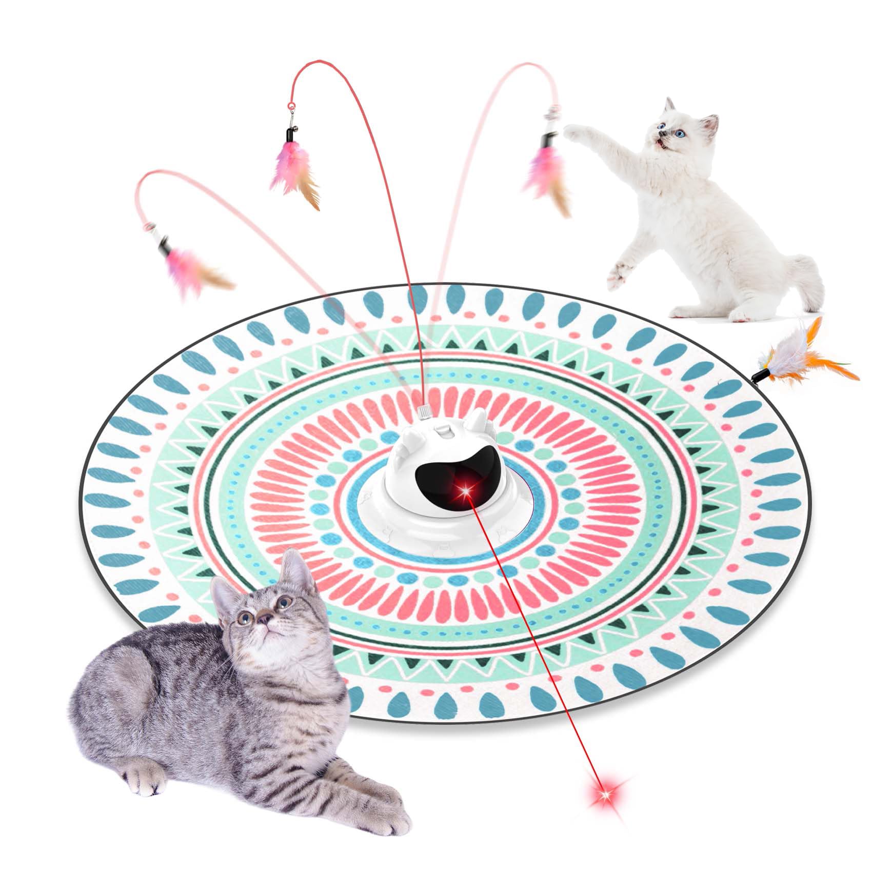 Petinstinct 3 in 1 Automatic Interactive Cat Toy, Cat Laser Pointer Toy with Random Trajectory, Hide and Seek Moving Feather, Rechargeable Electronic Teaser Wand for Bored Indoor Cats