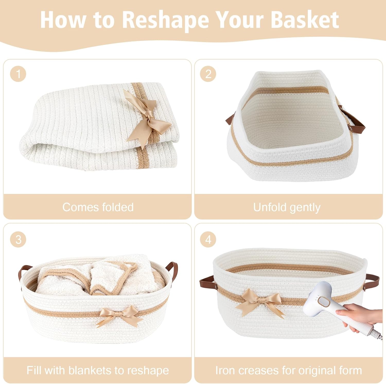 Large Gift Baskets Empty with Handles, 14"x 10"x 5.5" Cotton Rope Storage Basket Storage for Gifts Clothes Baby Diaper Pet Toys (White)