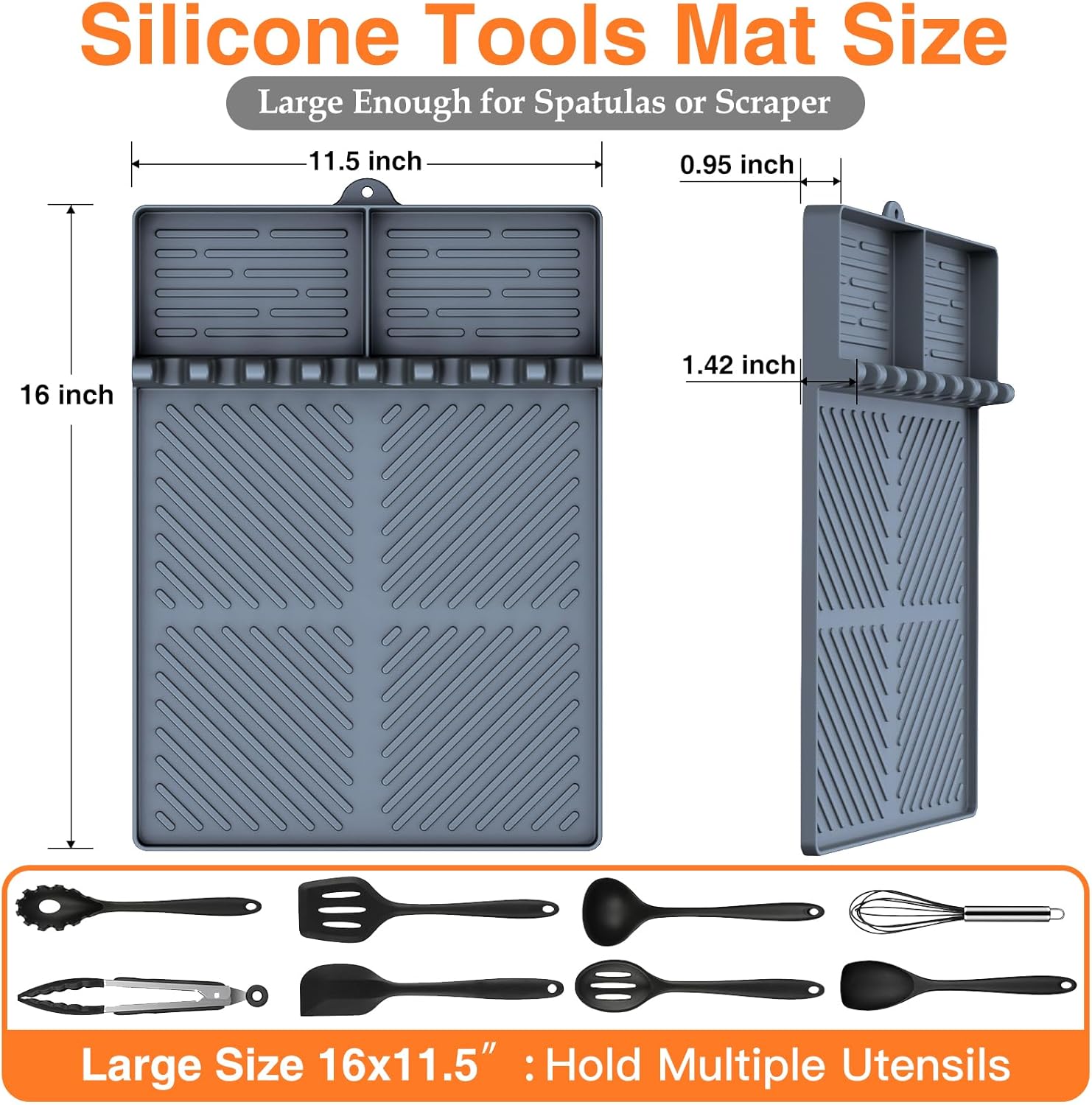 Silicone Griddle Tools Mat for Blackstone, Griddle Accessories Side Shelf Mat Grill Pad for Outdoor Grill Kitchen Counter Spatula Silicone Mat with Drip Pad (Grey) - Image 3
