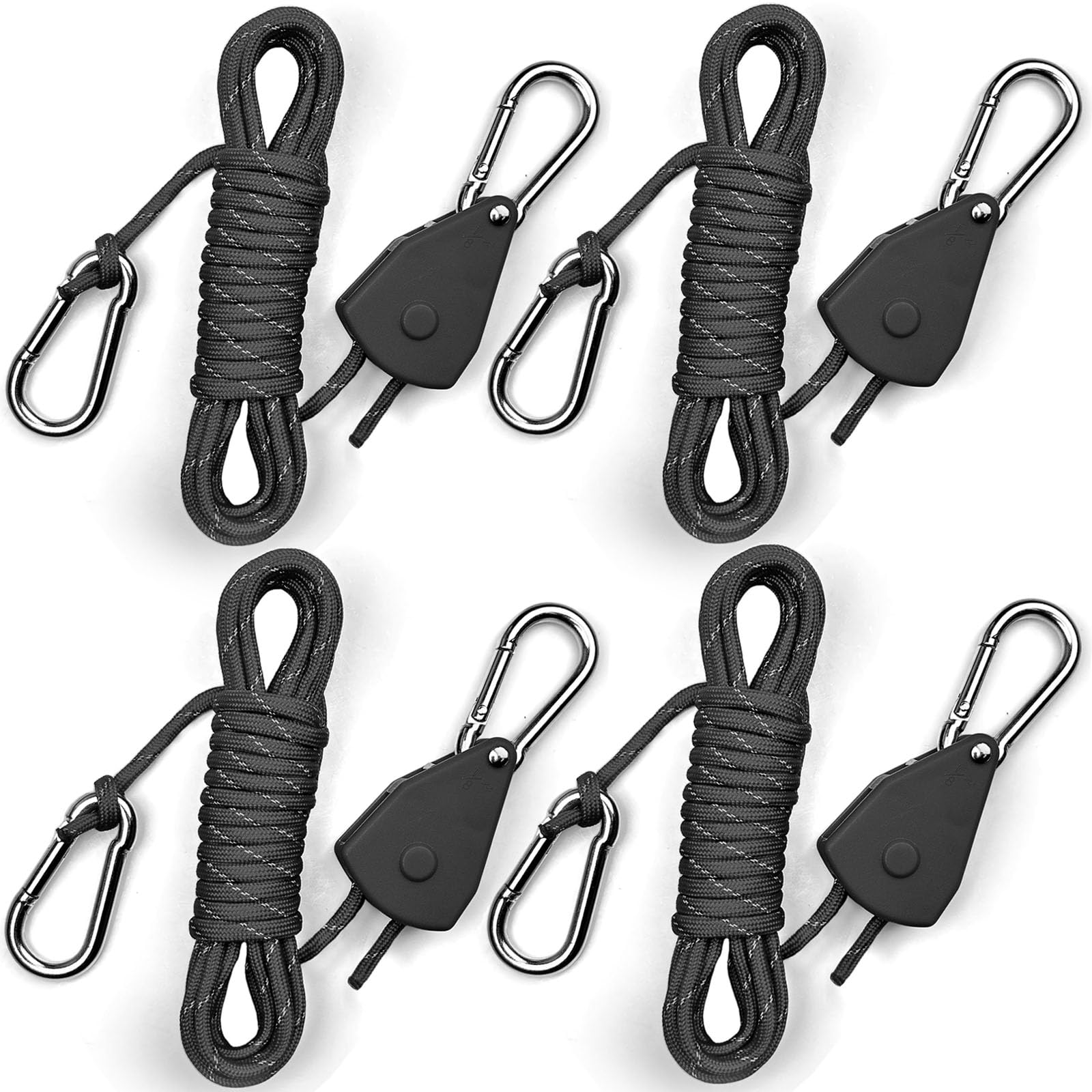 4.6M Paracord Rope Tie Down Ratchet Strap Small Reflective Rope Tent Tarp Grow Retractable Plant Light Hangers Pulley Locking Tightener Tensioner Cinch Kayak 4mm 4Pack