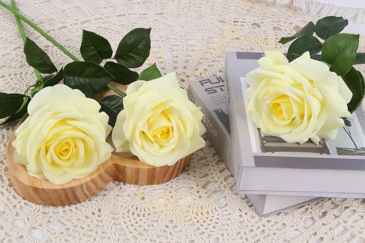 Real Touch Yellow Roses Artificial Flowers 3Pcs Latex Faux Roses Flowers with Long Stem 25” Lifelike Fake Roses for DIY Wedding Bouquet Table Centerpiece Home Party Decorations (Light Yellow) - Image 6