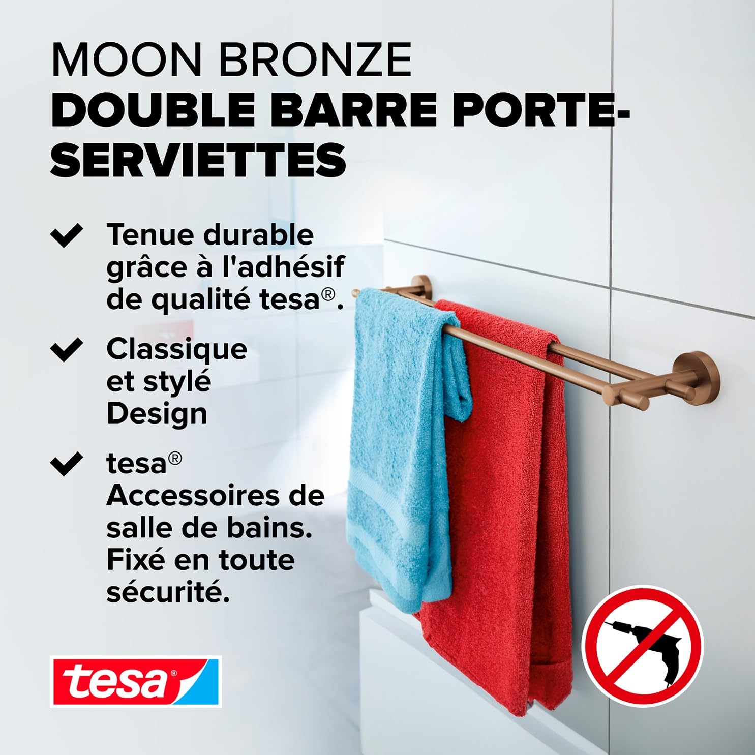 tesa Moon Double Porte Serviettes en Bronze Brossé - Porte Serviettes Autocollant à 2 Tiges en Métal, Revêtement PVD - sans Perçage avec Solution Adhésive - 112 mm x 640 mm x 50 mm