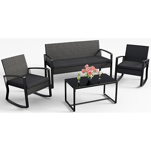 Ahomly 4 Piece Patio Furniture Set, Outdoor Wicker Patio Furniture with Glass Coffee Table, Modern Rattan Rocking Chairs Conversation Set, for Porch, Garden, Lawn (Black)