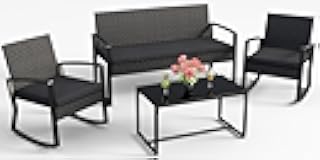 Ahomly 4 Piece Patio Furniture Set, Outdoor Wicker Patio Furniture with Glass Coffee Table, Modern Rattan Rocking Chairs Conversation Set, for Porch, Garden, Lawn (Black)