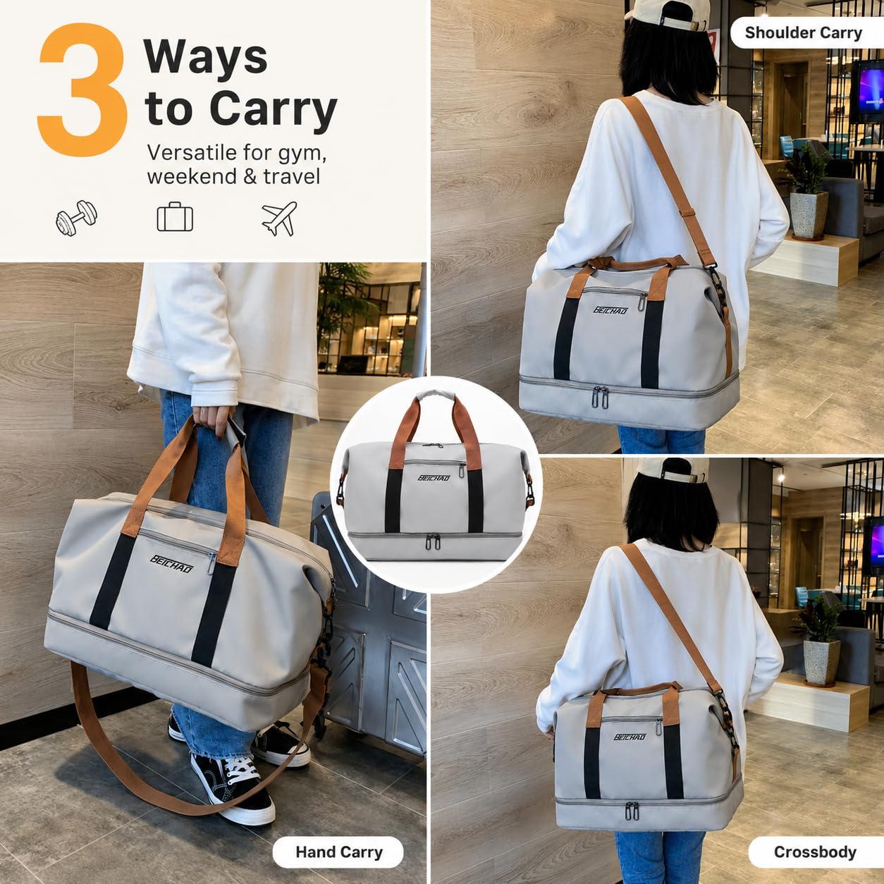 lafo Sac de Sport & Sac de Voyage pour Femmes et Hommes, Sac de Week-End Gym Bag, Sac de Natation étanche avec Compartiment à Chaussures & Compartiment Humide (Gris)