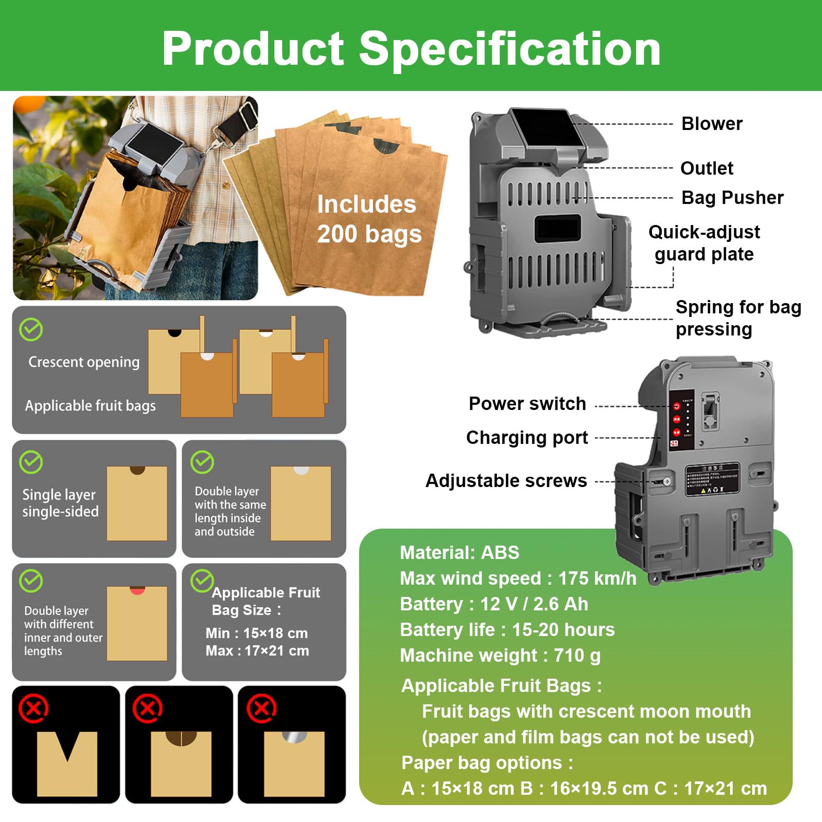 Máquina de ensacado ligera para huertos, máquina de ensacado automática para agricultores, con 200 bolsas de protección de frutas, juego de ensacado de huerto para melocotón/mango/granada