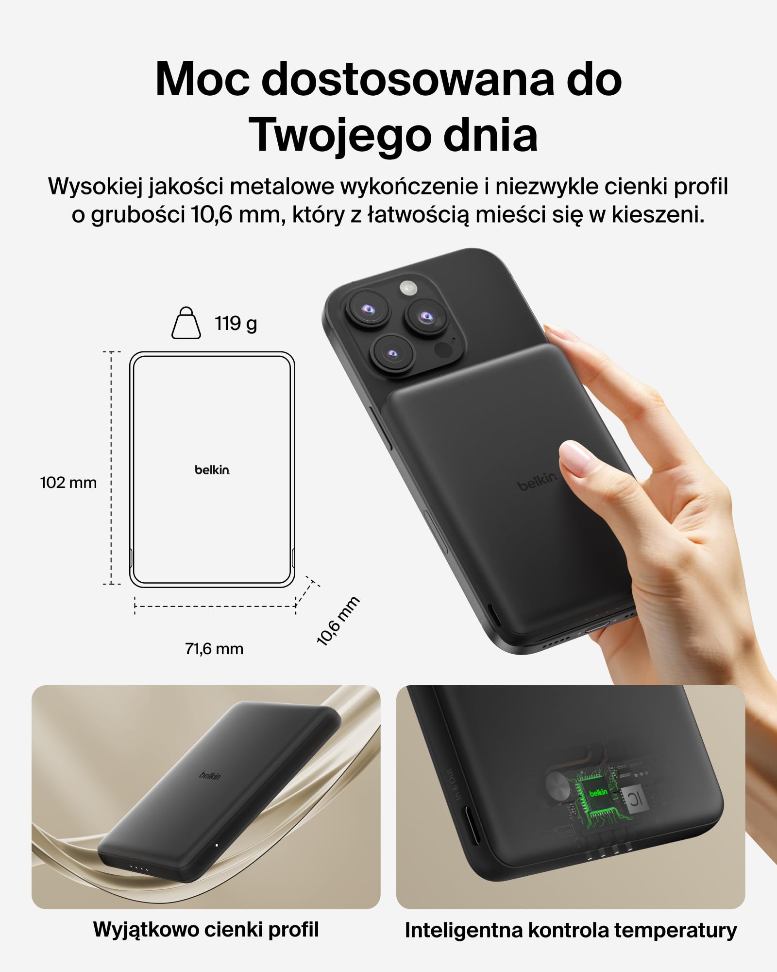 Belkin BoostCharge Cienki Magnetyczny Powerbank 5000 mAh USB-C – Czarny | Powerbank Bezprzewodowy 5000 mAh, Pierścień Magnetyczny, Port USB-C, Naładowany, Kabel w Zestawie, do Podróży Samolotem