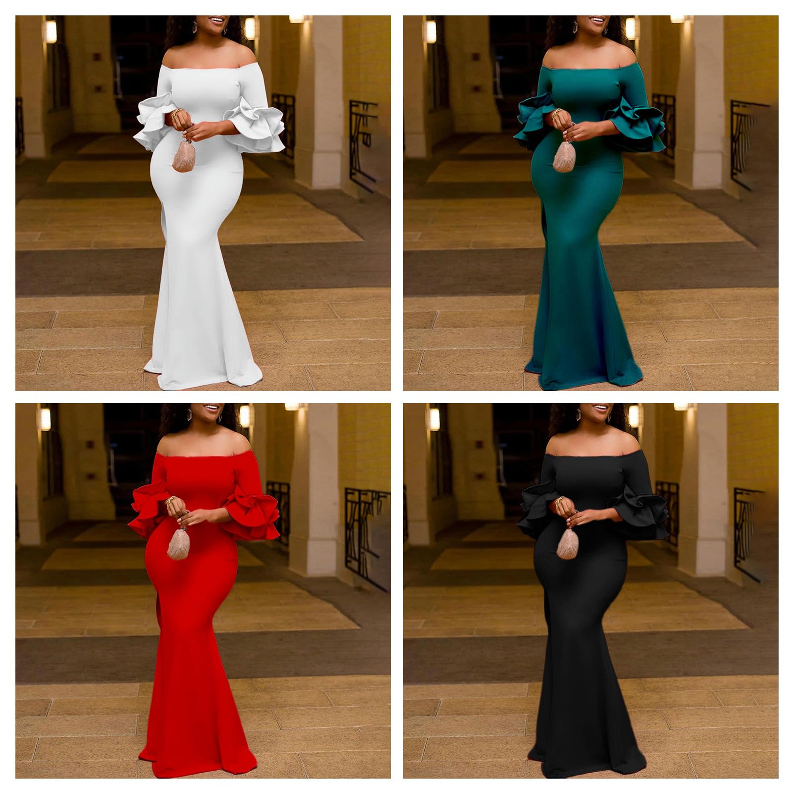 Abiti da Donna Abito da Donna con Il Collo della Spalla E Maniche di Loto, Vestito Sottile, Abito alla Moda E Lungo con Un Abito Comodo-Verde-m