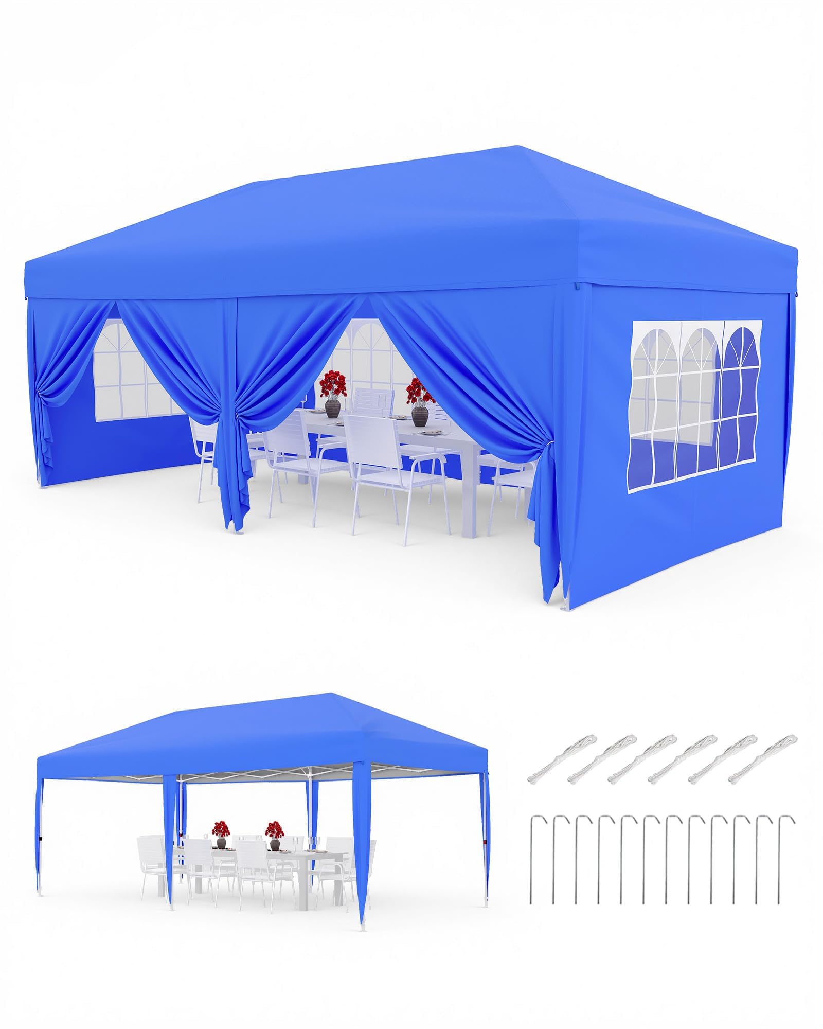 3x6M Heavy Duty Collapsible Canopy – Waterproof Outdoor Event Shelter, 6 Removable Sidewalls, Adjustable Height, UV Protection, Easy Setup, Includes Roller Carry Bag, Weight Bags– Blue