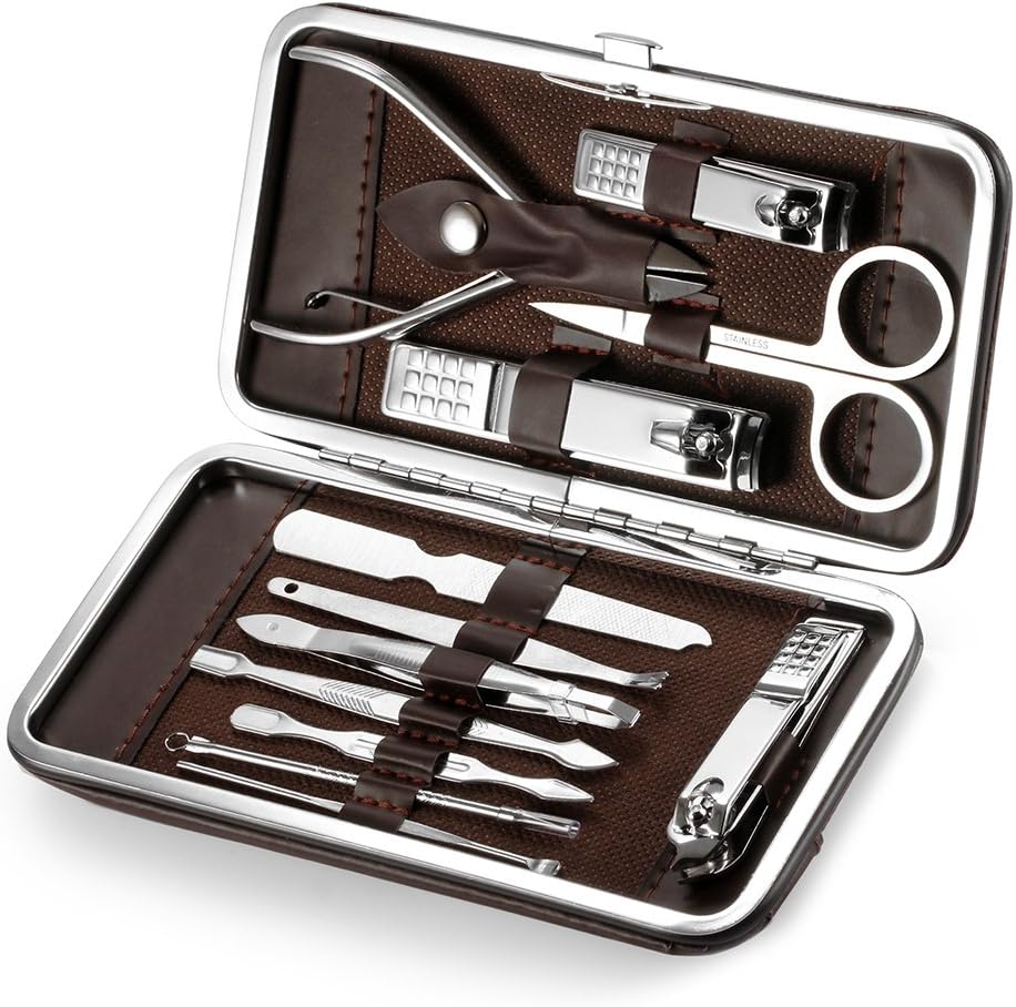 Nail Clipper Set, 12 in 1 Stainless Steel Professional Nail Cutter Manicure Pedicure, Grooming Kits with Leather box (Brown)