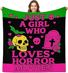 Hahafelt Presentes de filmes de terror, 152 cm x 127 cm Just a Girl Who Loves Horror Movies Blankets, cobertor de flanela para meninas, mulheres, amantes de filmes assustadores, presentes para fãs de