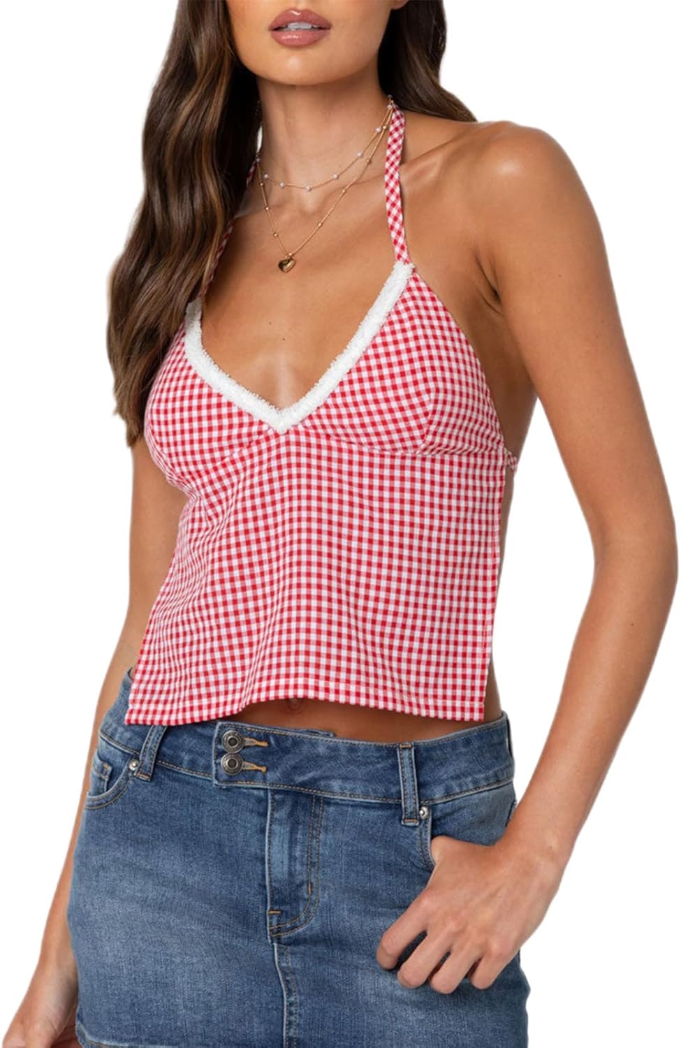 Women Girls Terry Trim V-Neck Halterneck Top Sleeveless Open Back Gingham Tops Strappy Y2K Shirts Streetwear