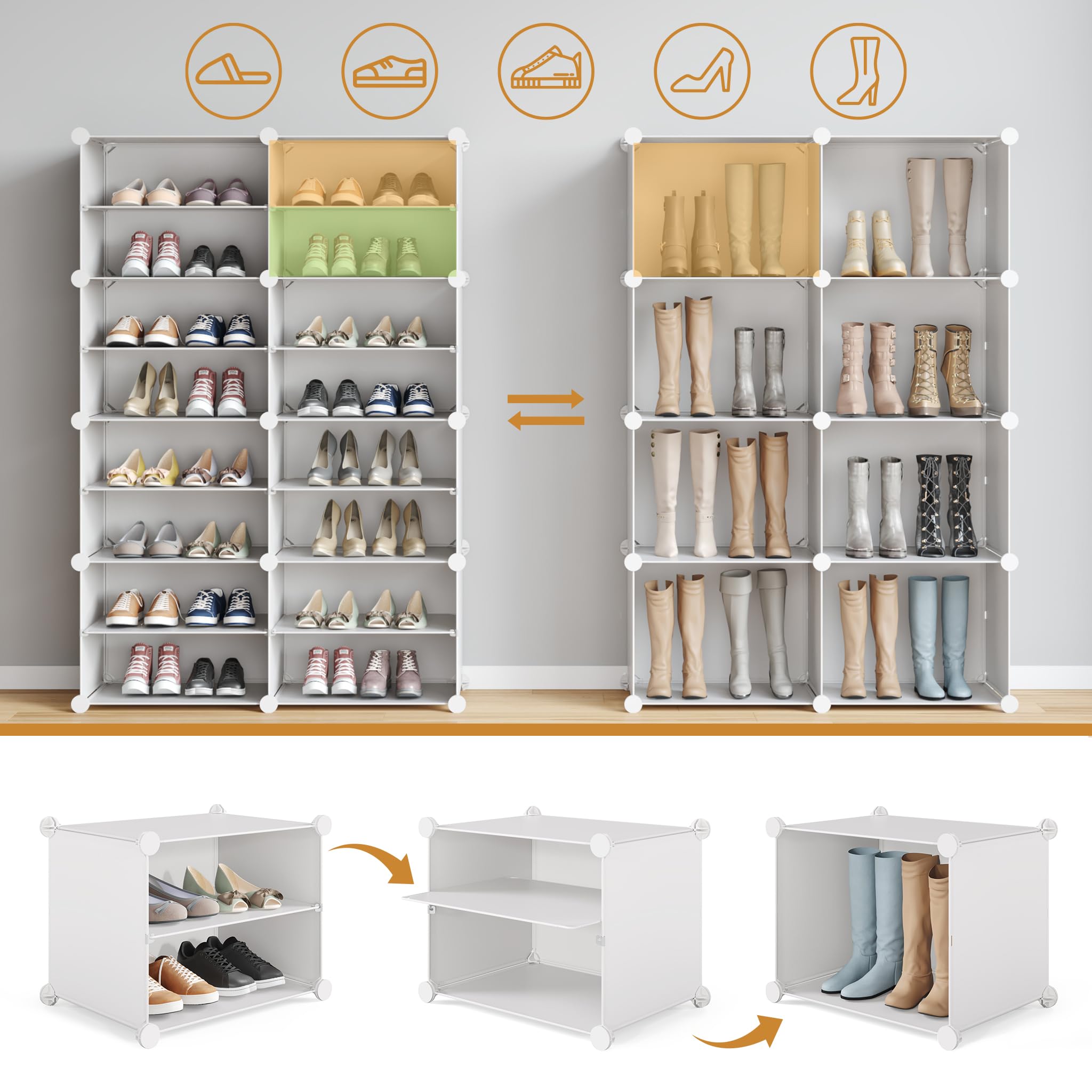 Mondeer Schuhregal, 8-stufiger Kunststoff Schuhschrank, Modulares Schuhaufbewahrung, Staub- und Wasserabweisend, Platzsparendes, hält 32 Paar Schuhe für Foyer, Schlafzimmer, Wohnzimmer, Weiß