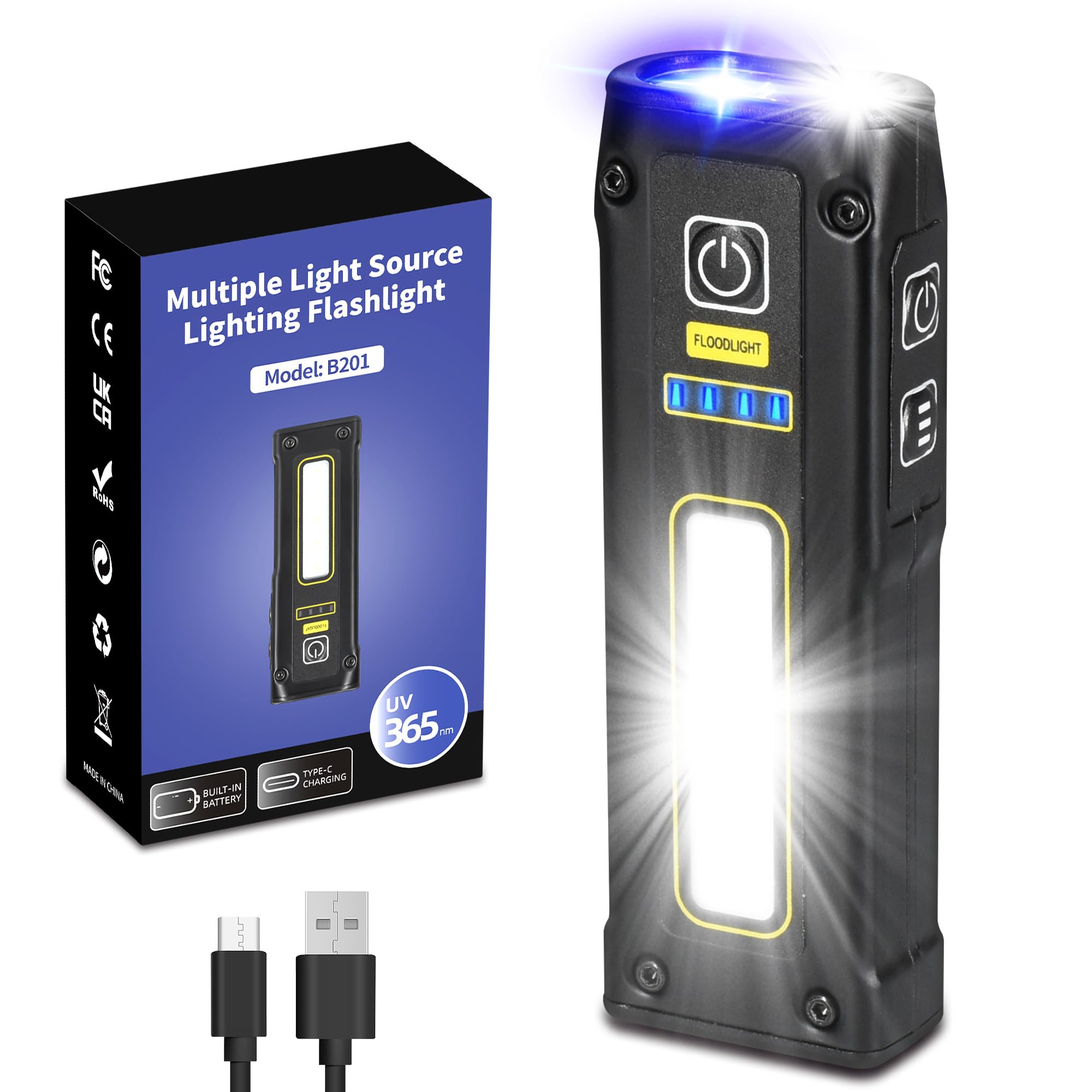 DARKBEAMUV Flashlight 365nm Black Light, LED EDC Flashlights high Lumens Woods Lamp USB C Rechargeable, Mini Magnetic Pocket Bright COB Red Light - Emergency Power - Pet Urine, Ore Detection