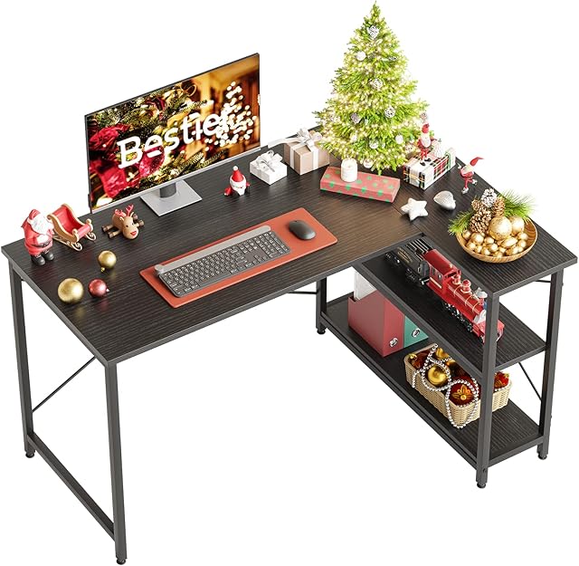 Bestier L Shaped Desk Small Corner Desk with Shelves 120CM Reversible Computer Desk Writing Table with Bookshelf for Home Office Small Space