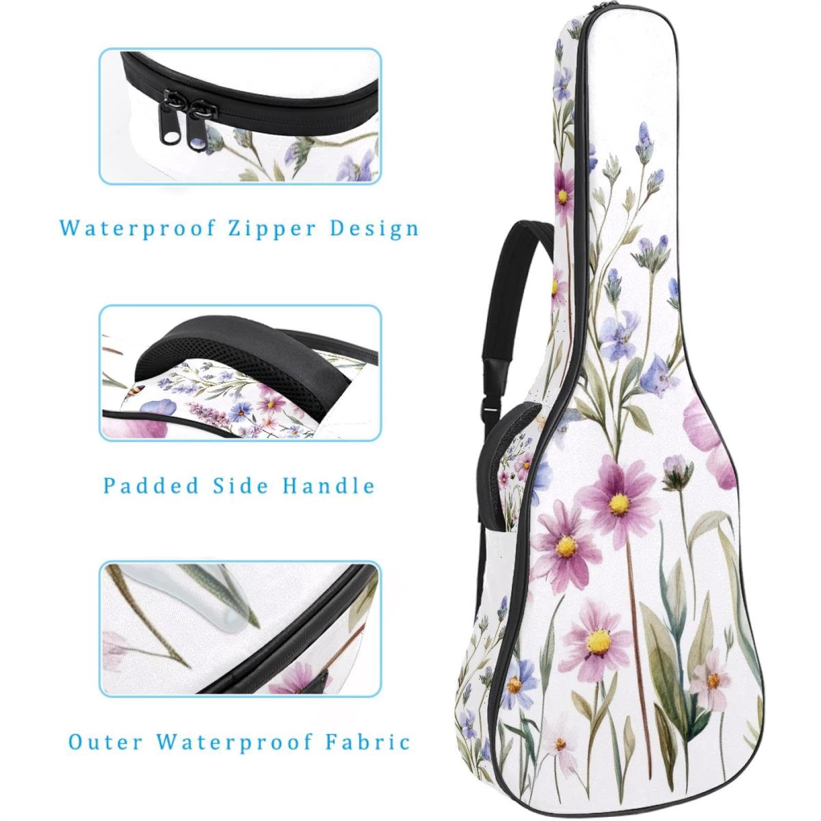 Gitarrentasche, 101,6 cm, 104,7 cm, 1 cm dick, Schaumstoff, weich gepolstert, für Akustik-, E-Bass, klassische Gitarre, Aquarell-Wiesenblumen, Blätter und bunte Schmetterlinge, Mehrfarbig 06