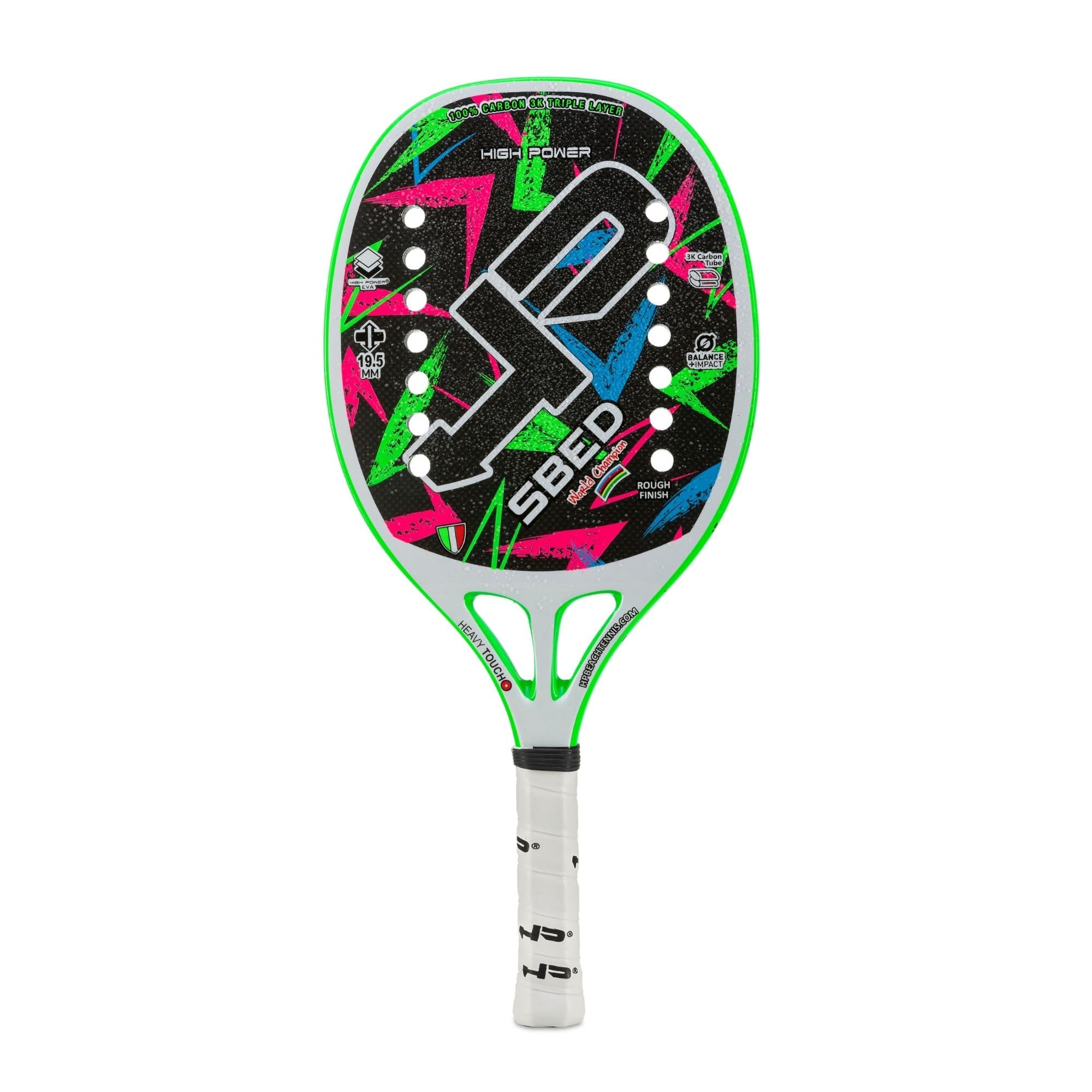HP SBED, rakieta do tenisa plażowego, 100% węgla 3K, powierzchnia do leczenia Super Grip - Eva High Power - lekka i wyważona, profil 19,50 mm, w zestawie torba - rakieta mistrza świata